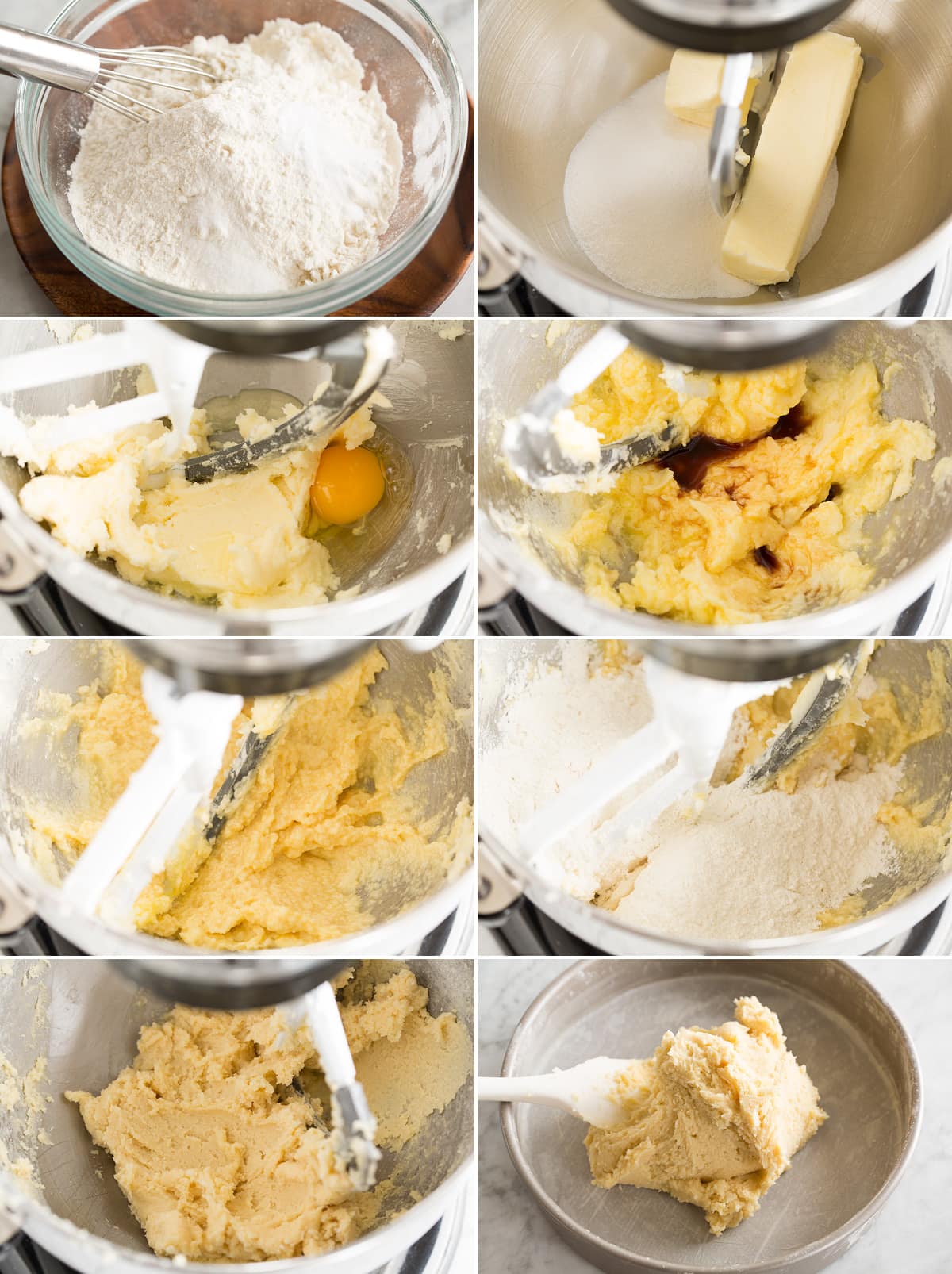 Collage of eight images showing how to make Christmas tree cookie dough.