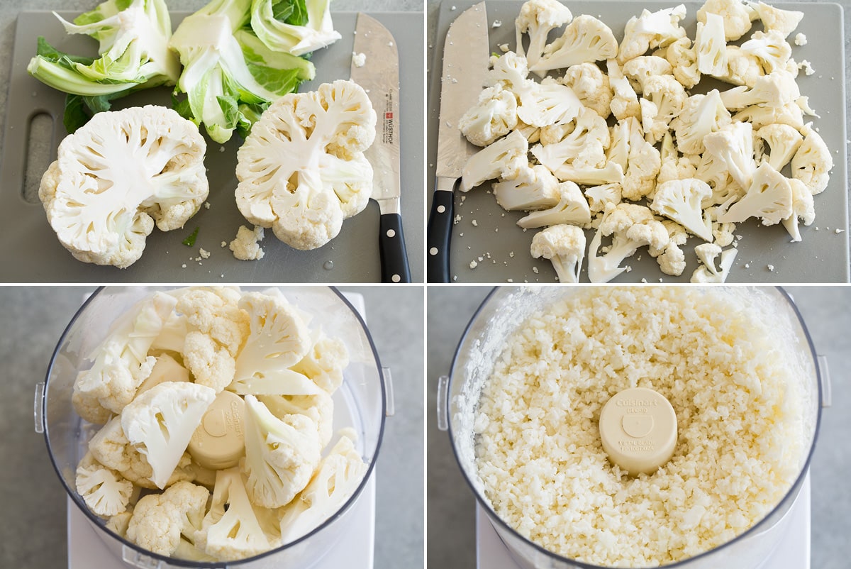 Collage of four photos showing how to chop and prep cauliflower then showing it before and after mincing in a food processor.