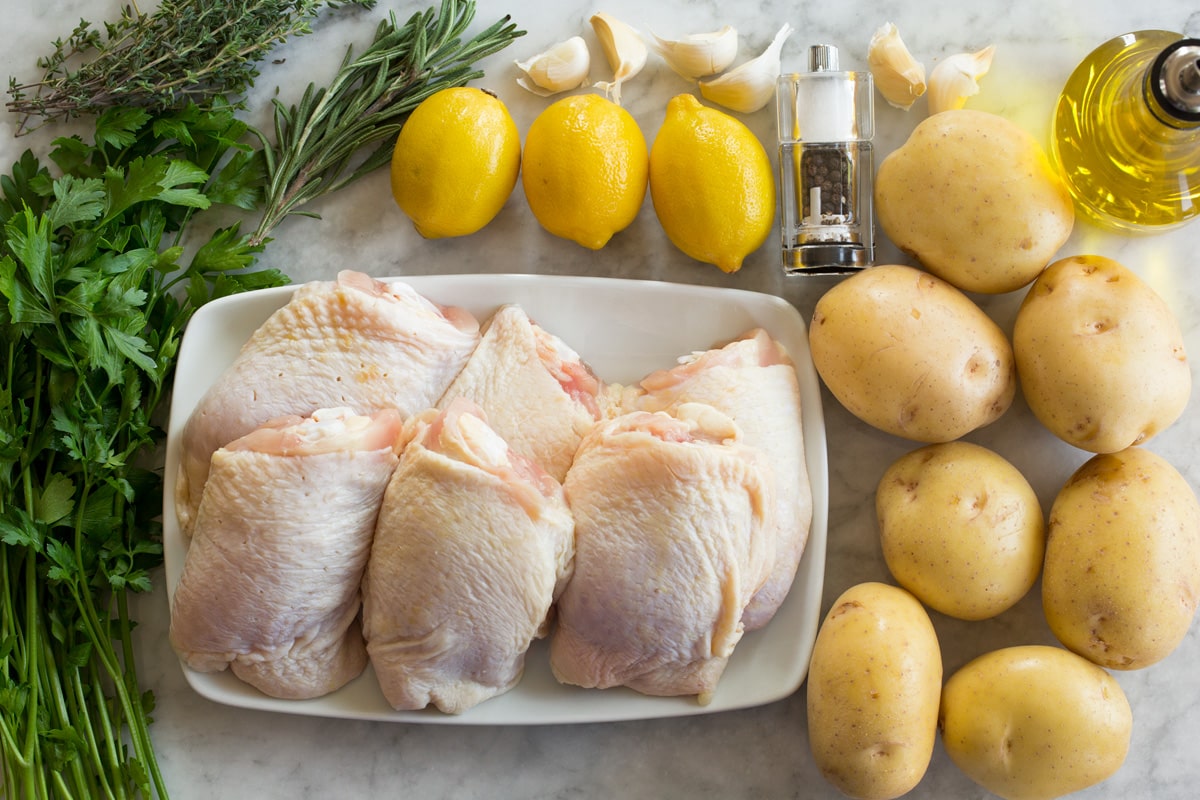 Photo of ingredients used to make baked lemony chicken with potatoes.