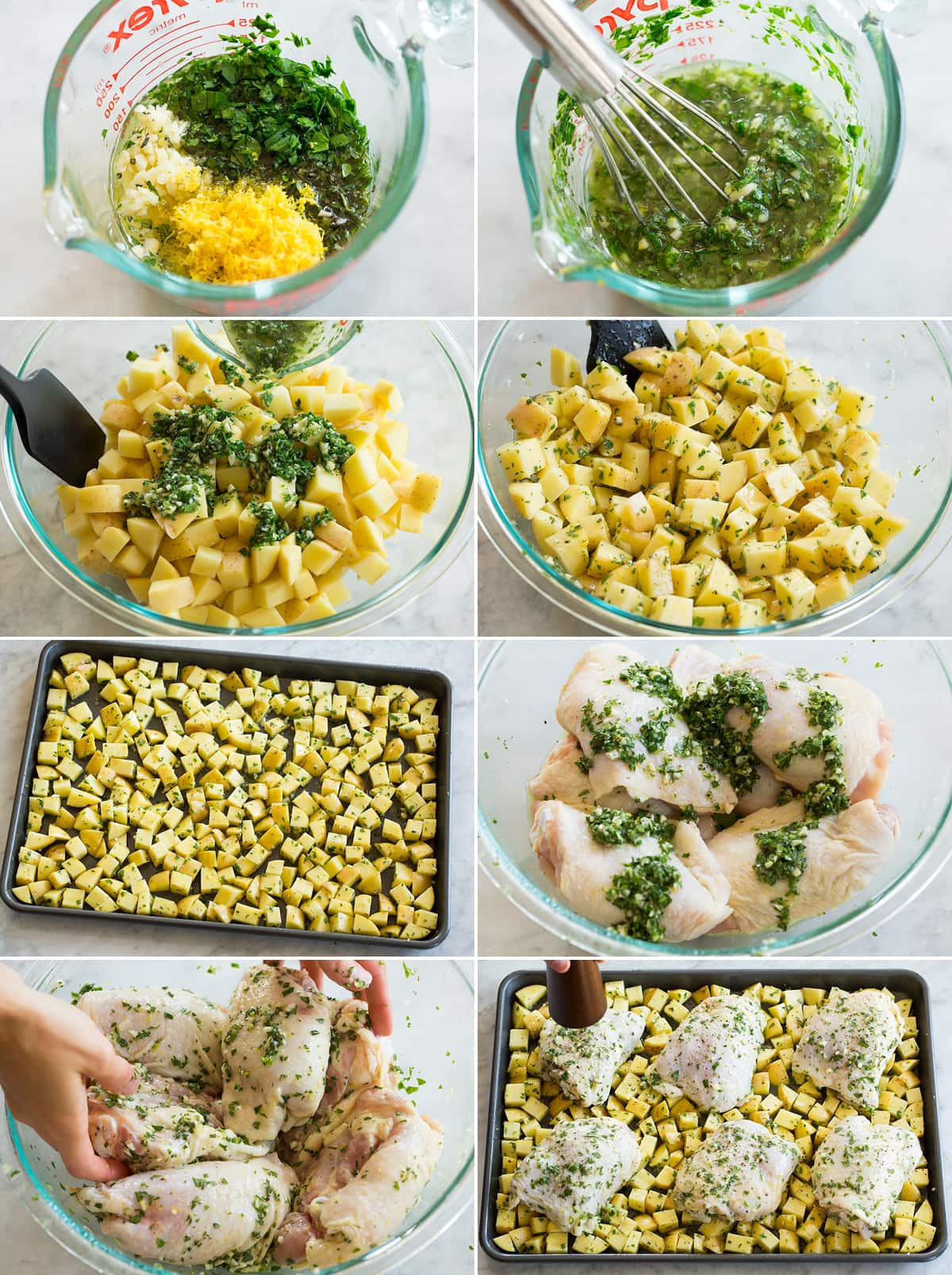 Collage of eight photos showing how to make one pan chicken and potatoes. Includes making herb seasoning, tossing with potatoes, spreading on pan. Then tossing chicken with herb mixture and spreading over potatoes on pan. 