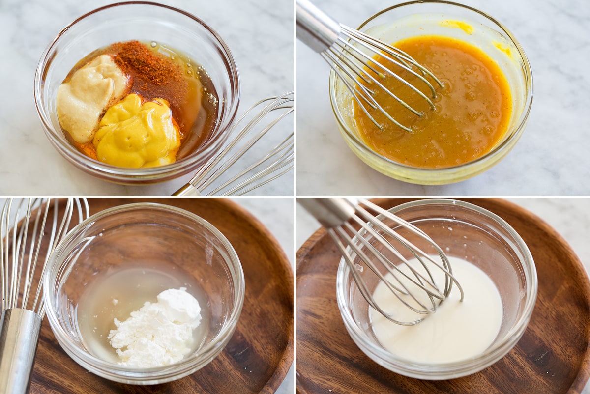 Four photos showing steps of making sauces.