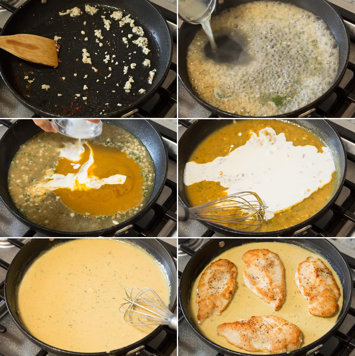 Six photos showing steps of making honey mustard pan sauce and adding cooked chicken.
