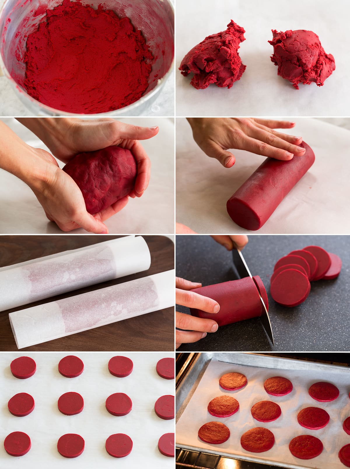 Collage of eight images showing how to roll, slice and bake red velvet shortbread.
