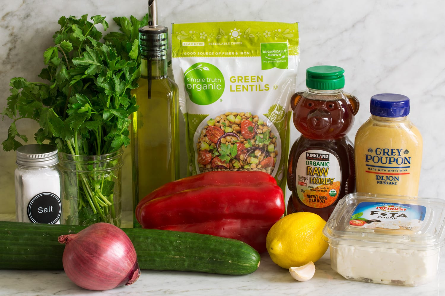 Ingredients used to make fresh lentil salad.