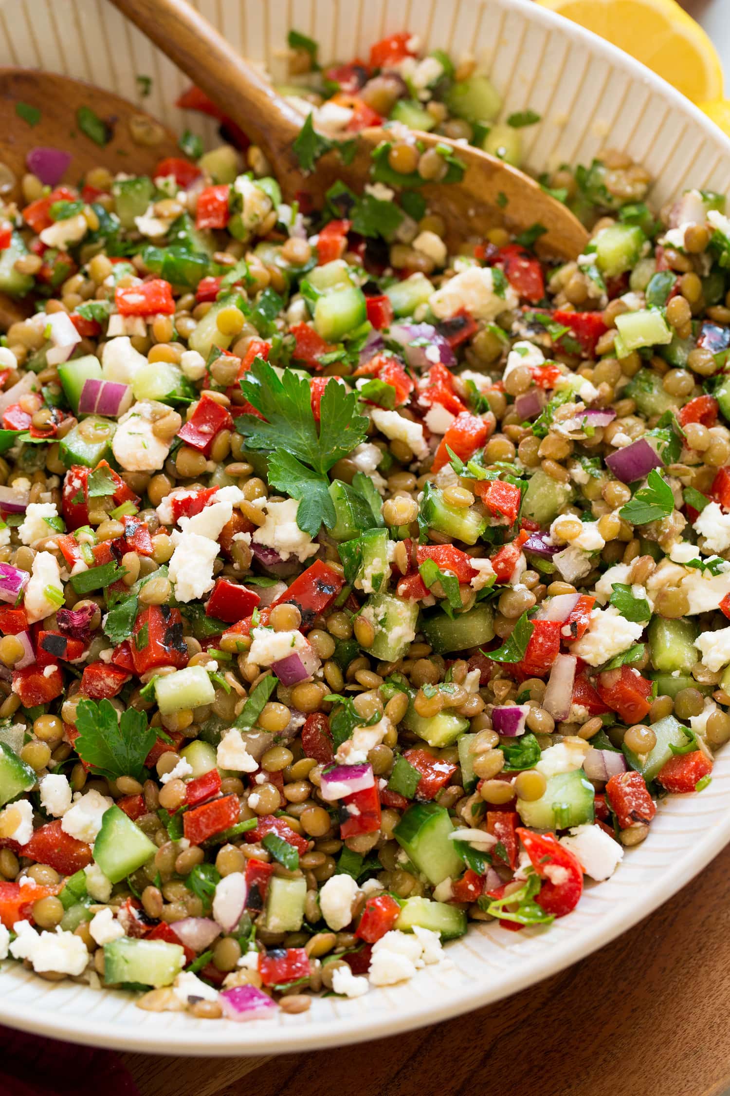 Lentil salad close up photo.