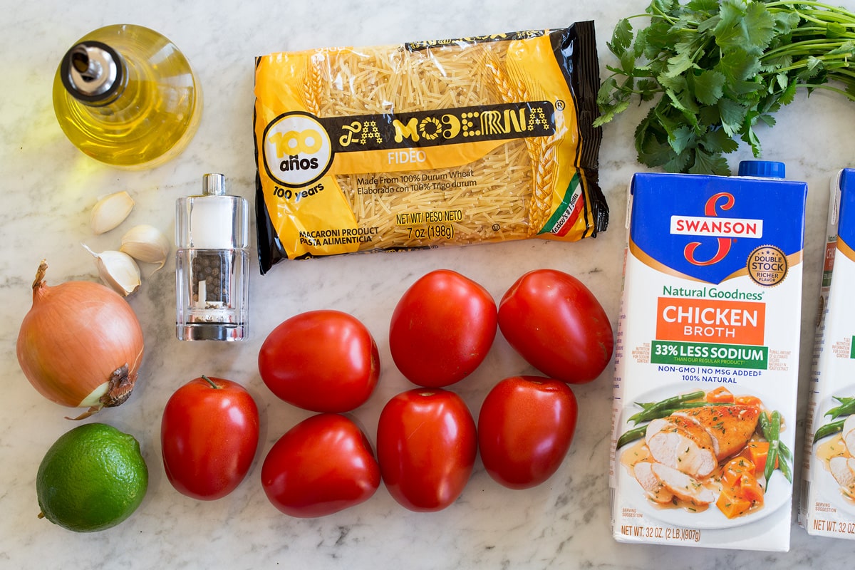 Ingredients used to make sopa de fideo.