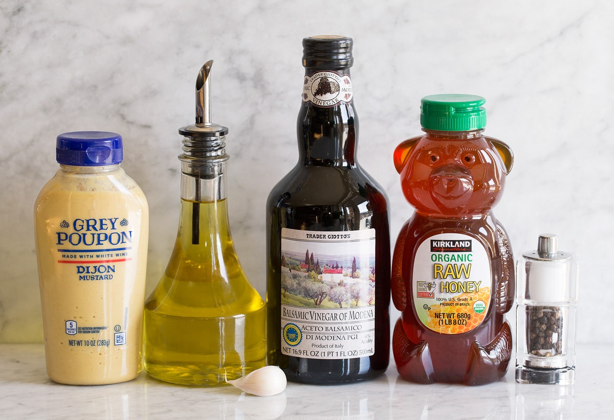 Ingredients shown that are used in balsamic vinaigrette.