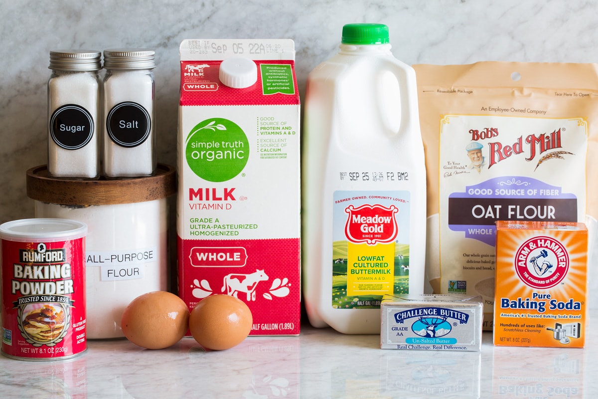 Ingredients needed to make oat flour pancakes shown.