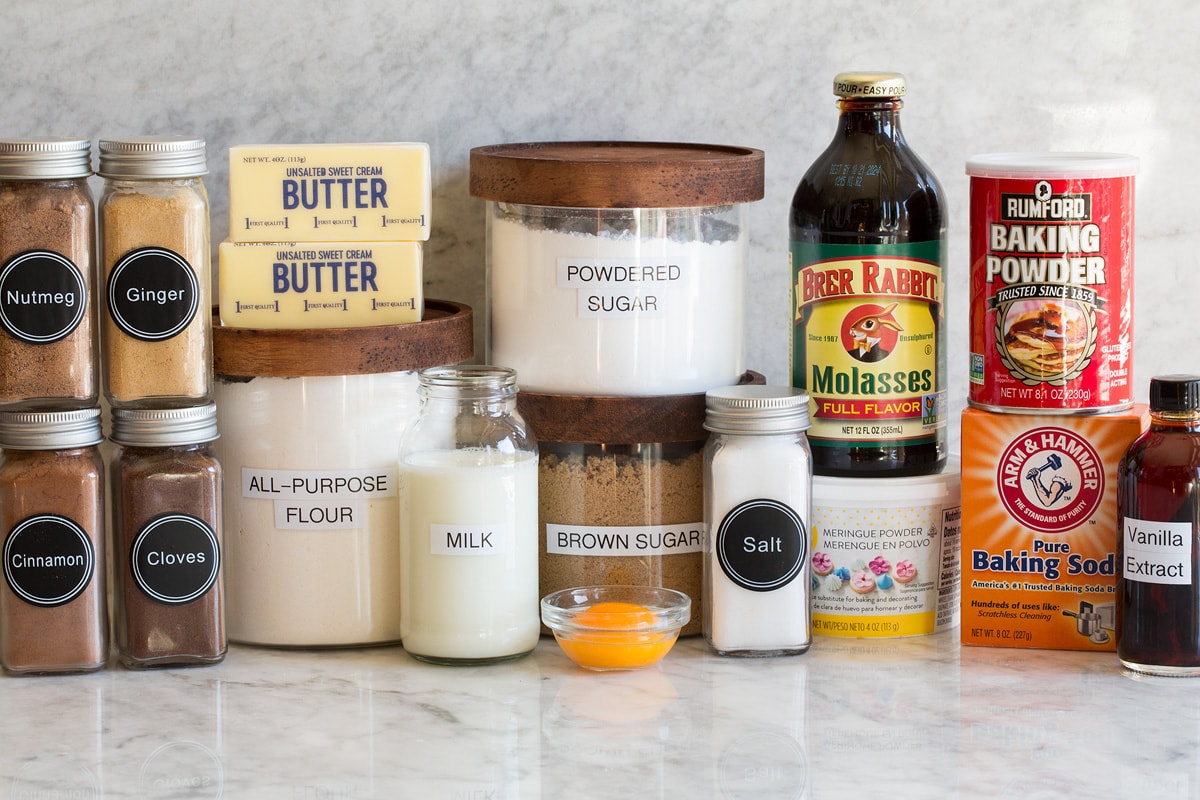 Ingredients needed to make gingerbread men cookies.