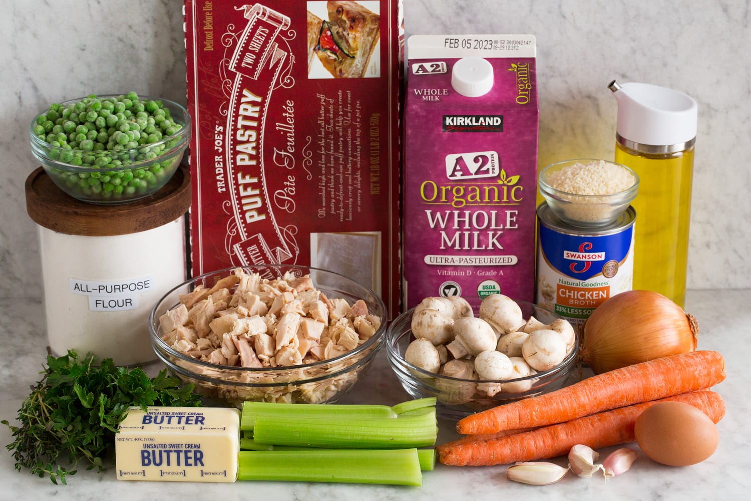 Ingredients needed to make puff pastry chicken pot pie.
