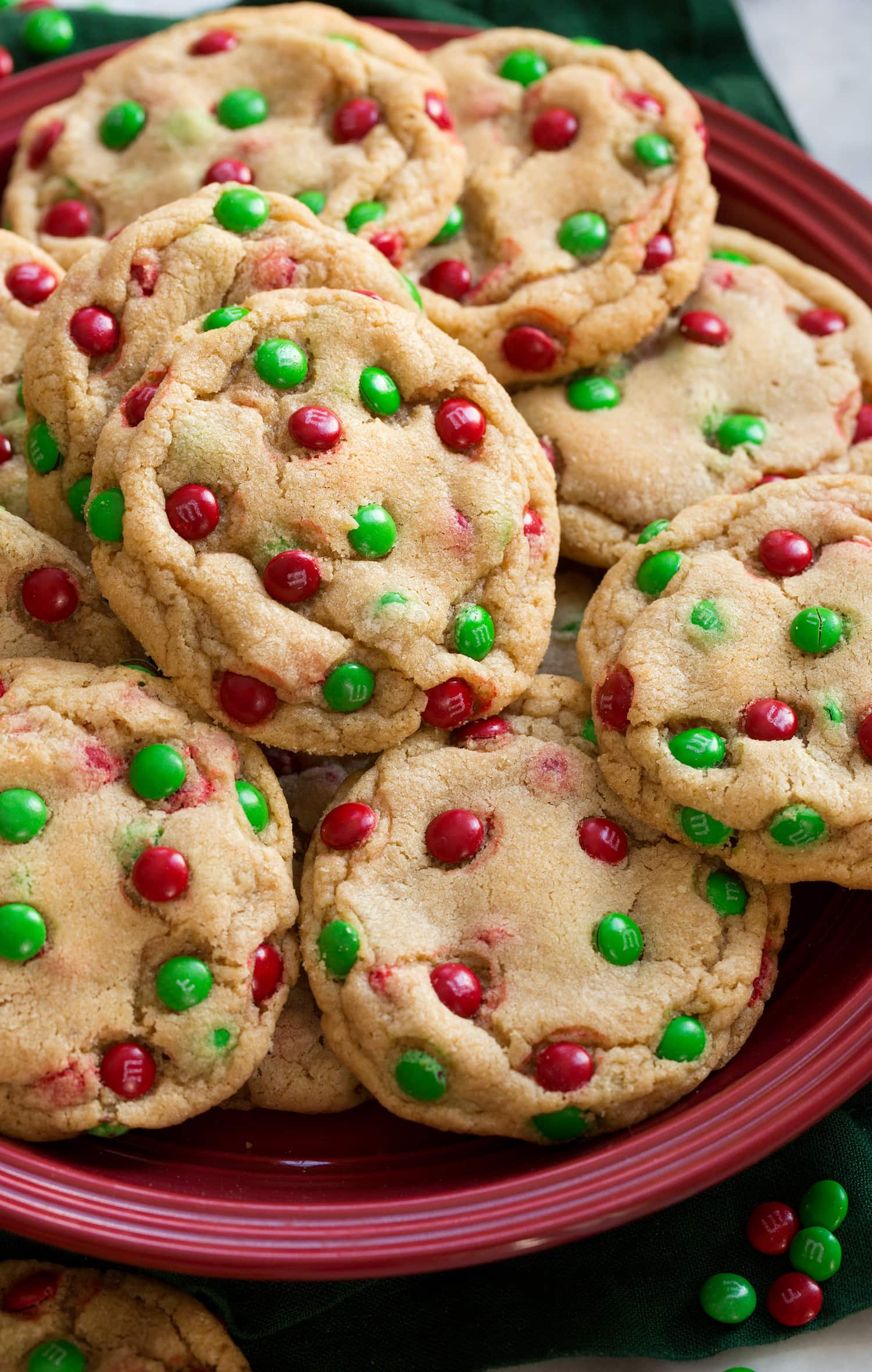 Close up photo of m&m cookies.