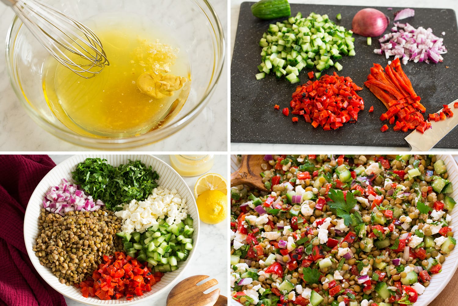 Making dressing and chopping ingredients for lentil salad.