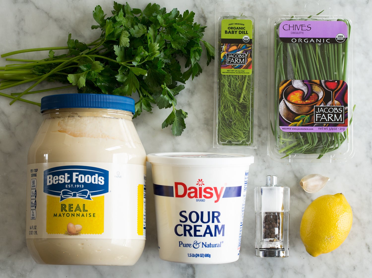 Ingredients needed to make ranch veggie dip.