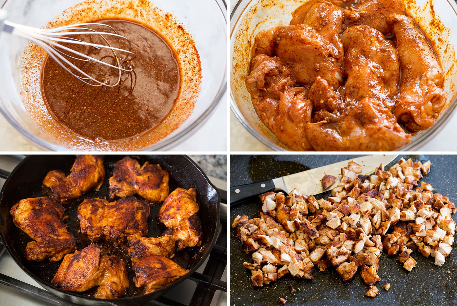 Making burrito chicken marinade, pan searing and chopping.