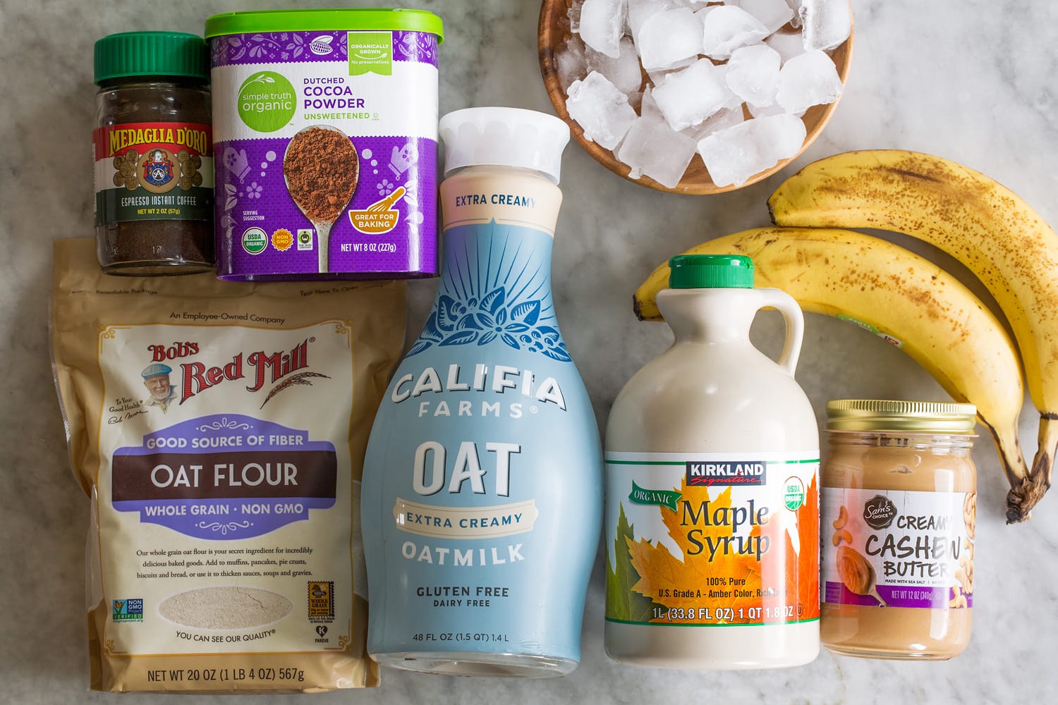 Ingredients used to make a homemade coffee smoothie.
