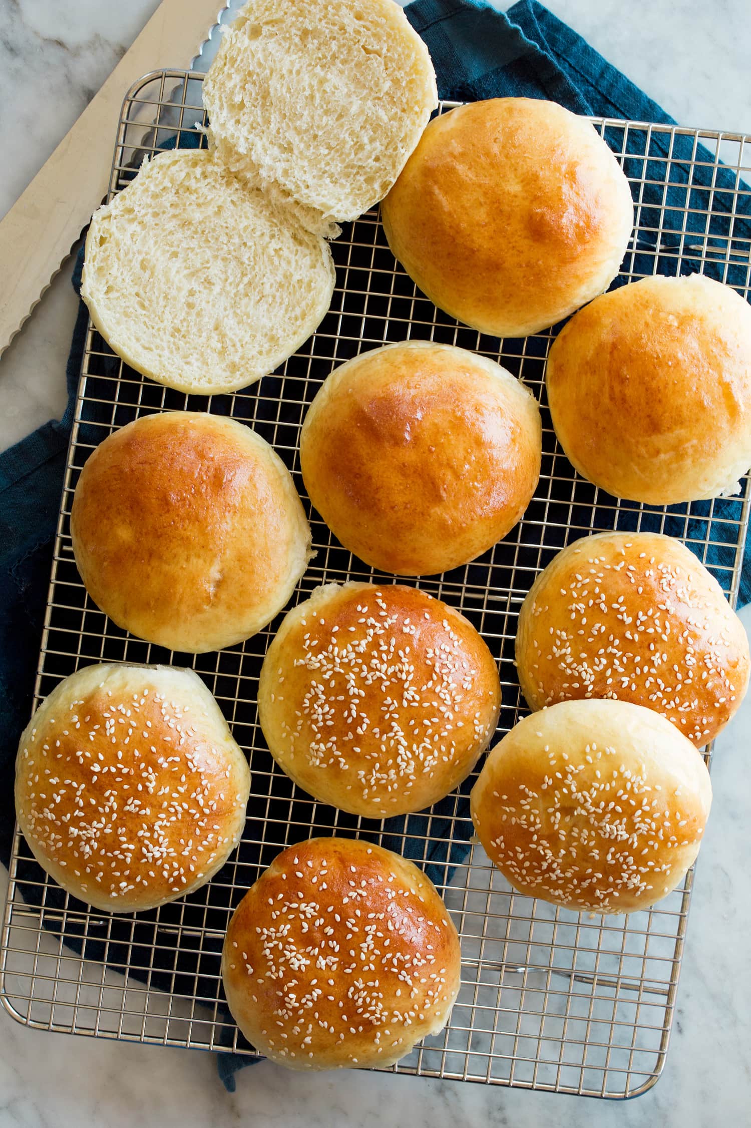 Overhead photo of fresh burger buns.