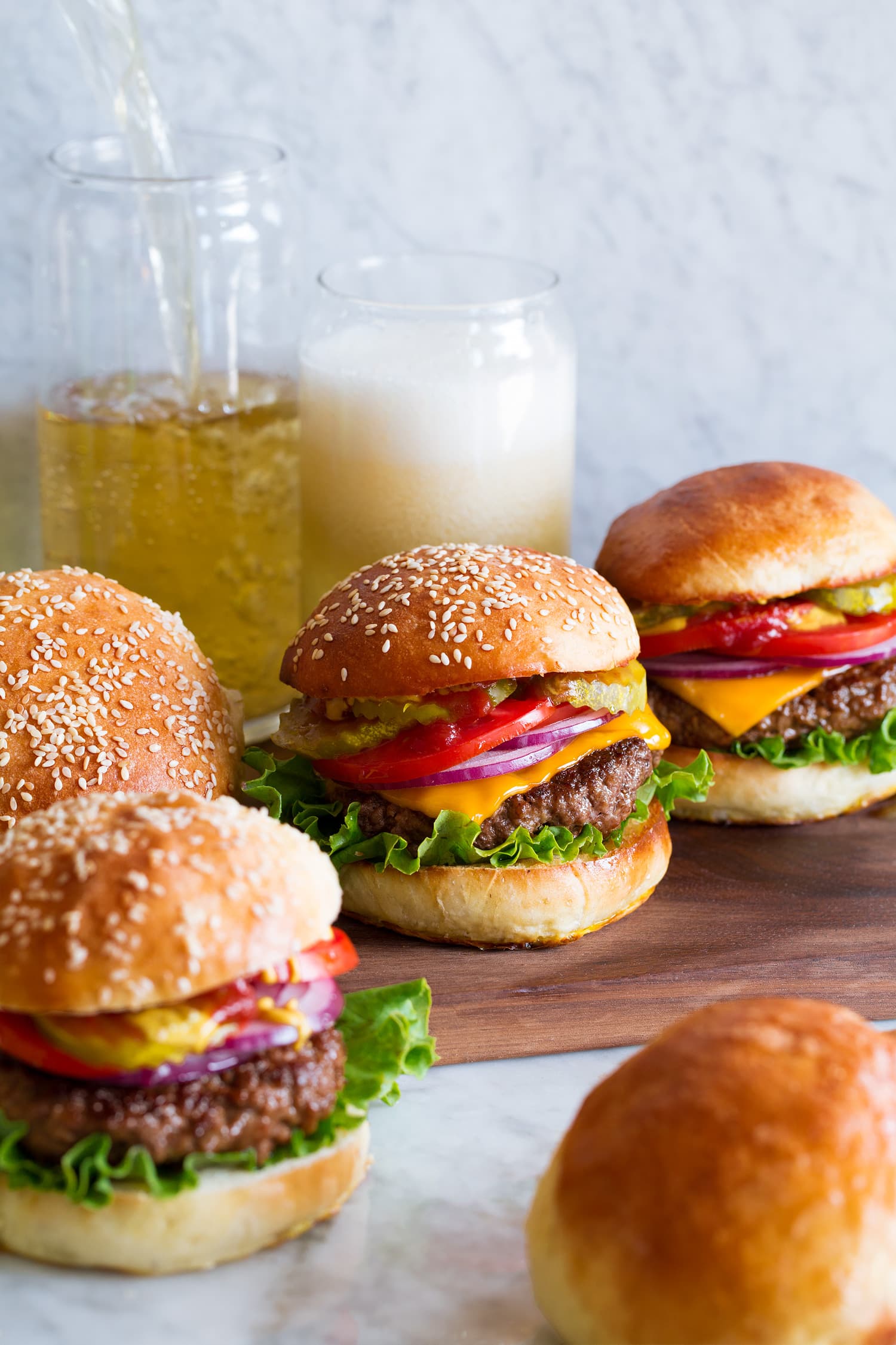 Three assembled hamburgers.