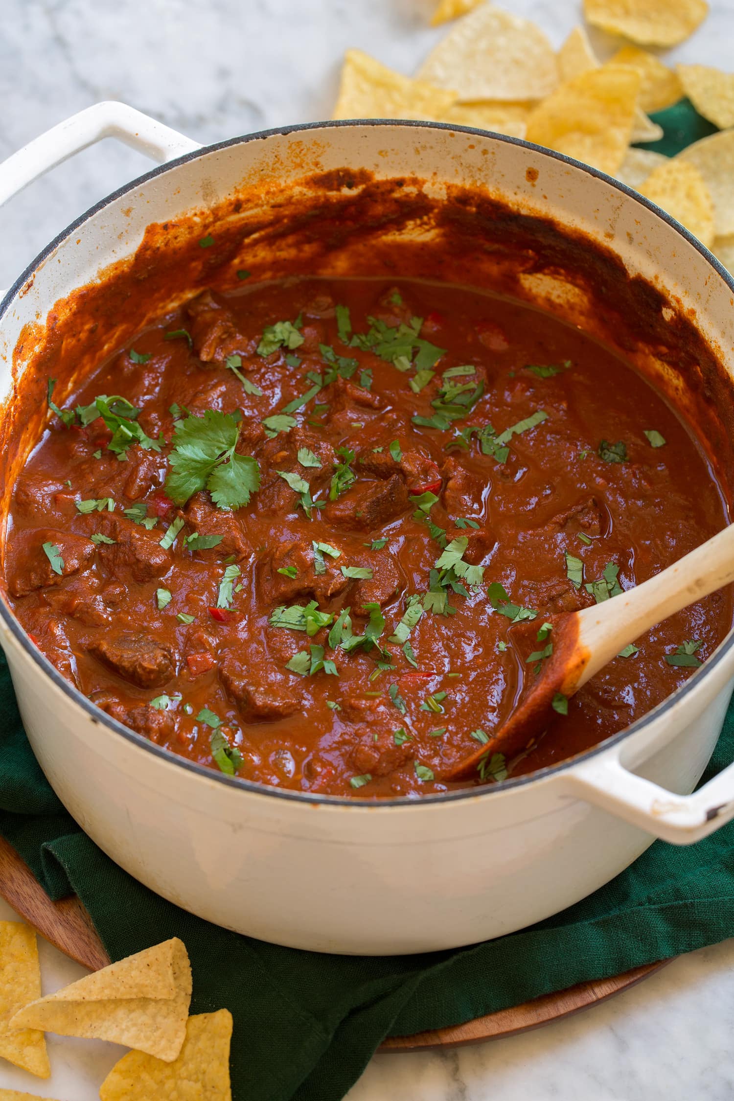 Pot filled with Texas style chili con carne.