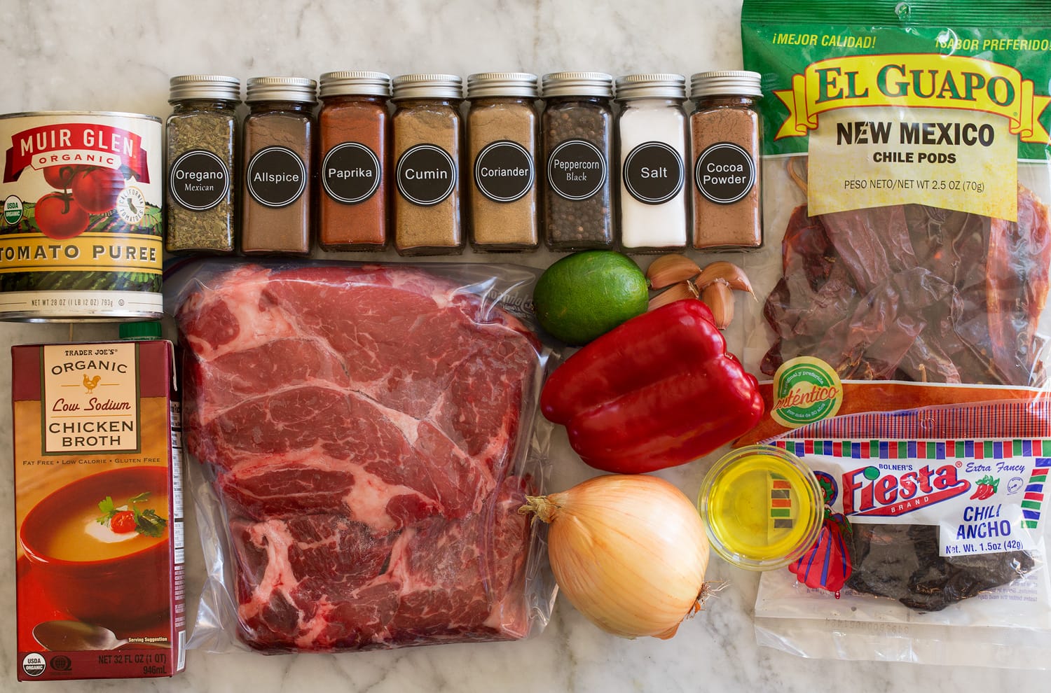 Ingredients used to make chili con carne from scratch.