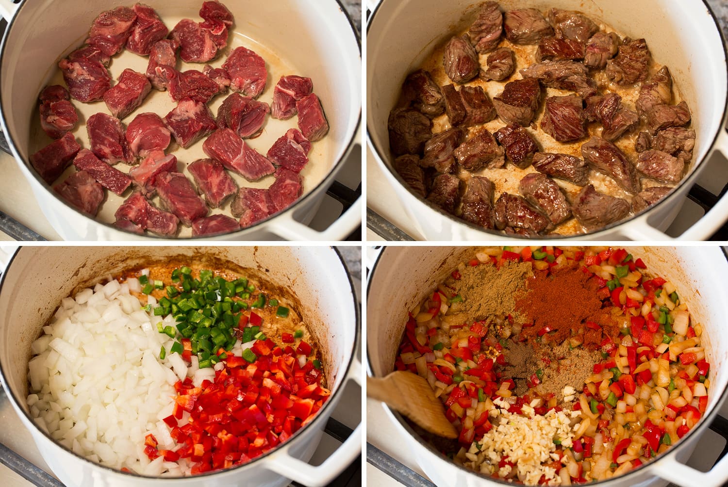 Browning beef and sautéing vegetables for chili.