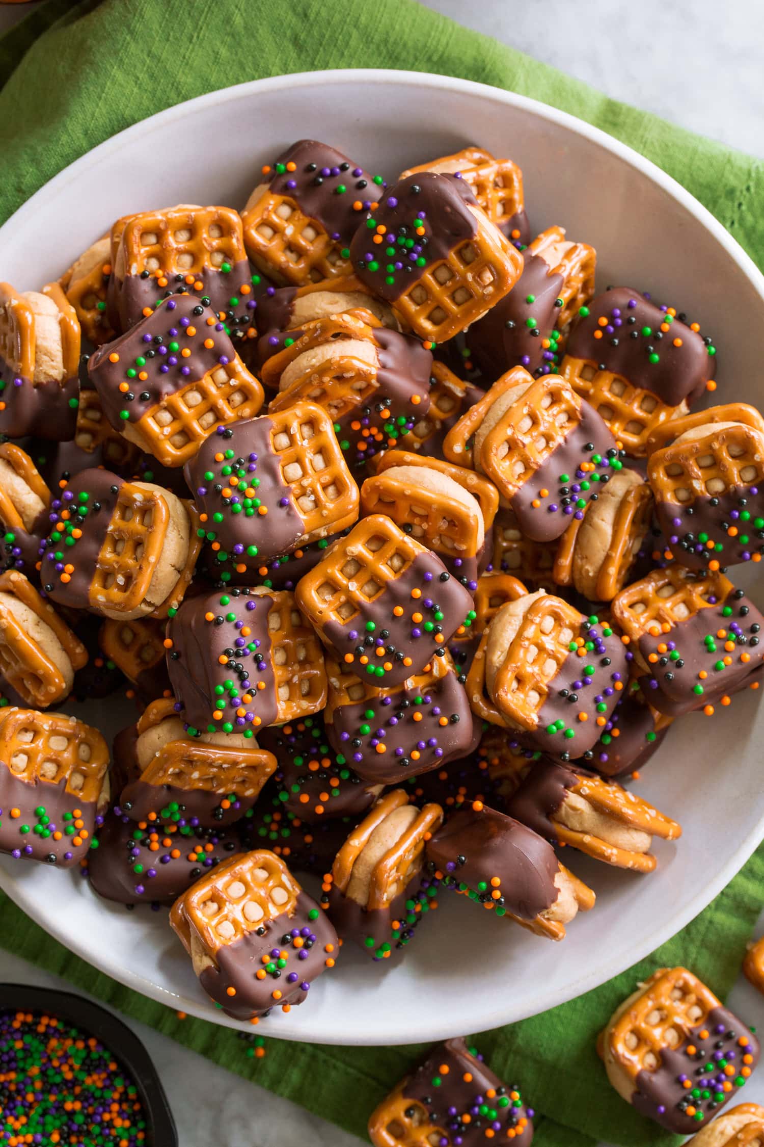 Dark chocolate dipped peanut butter pretzels.