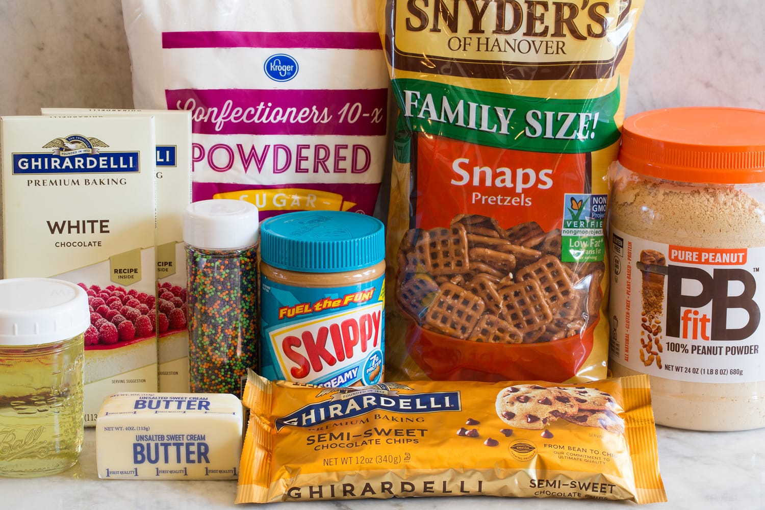 Ingredients used to make peanut butter pretzels.