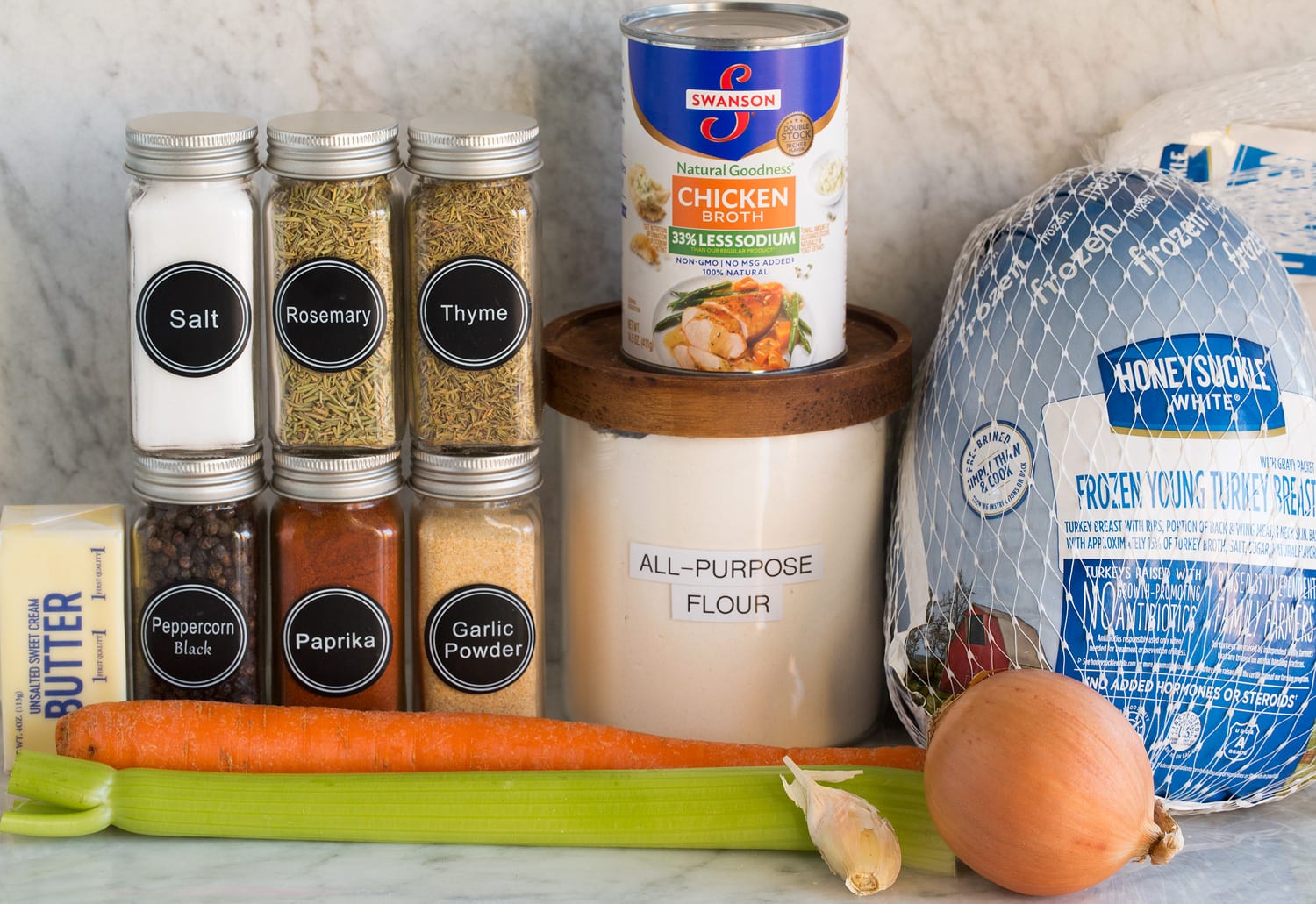 Ingredients needed for a slow cooker turkey breast and gravy.