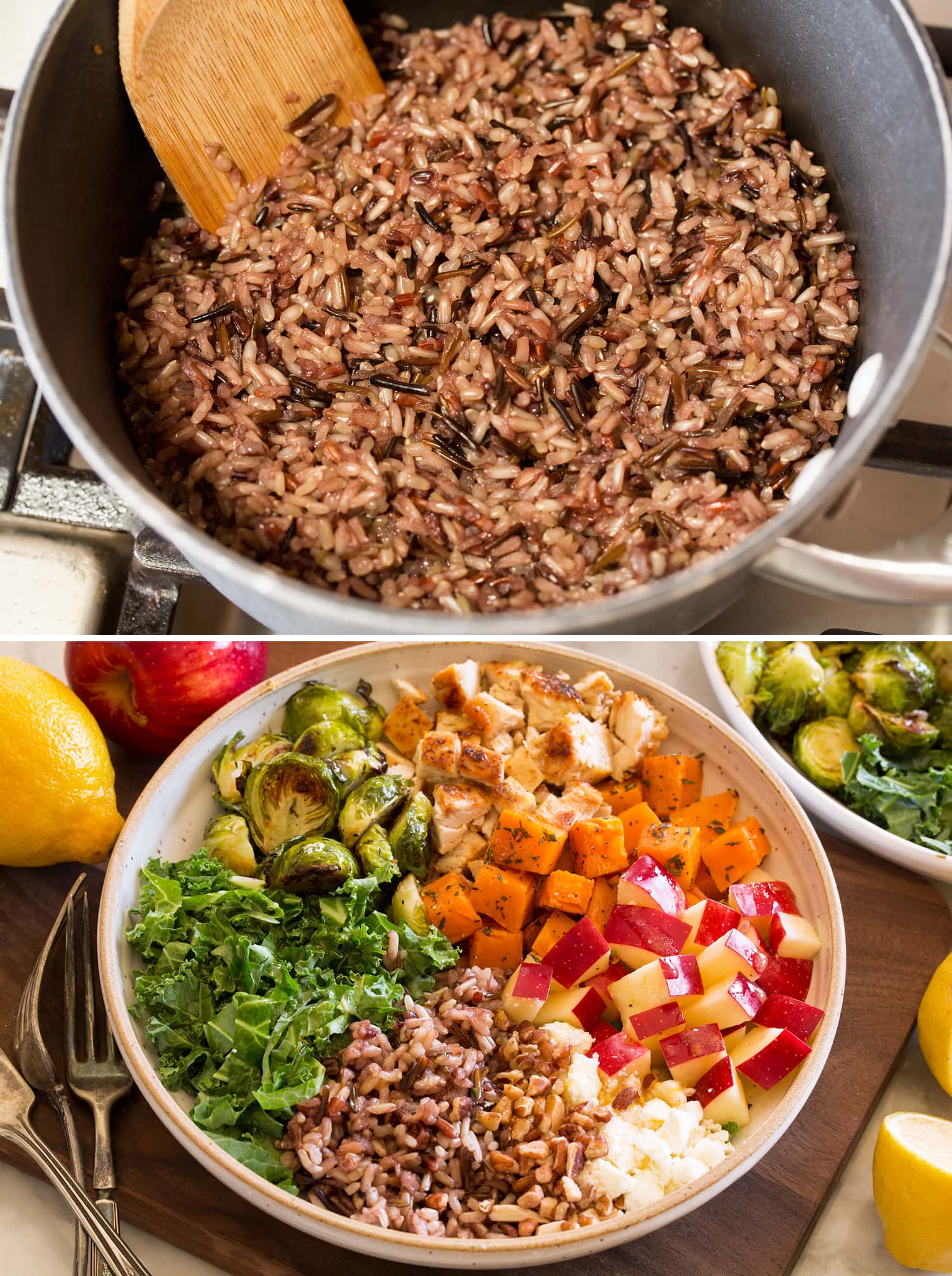 Cooked wild rice and completed harvest bowl.