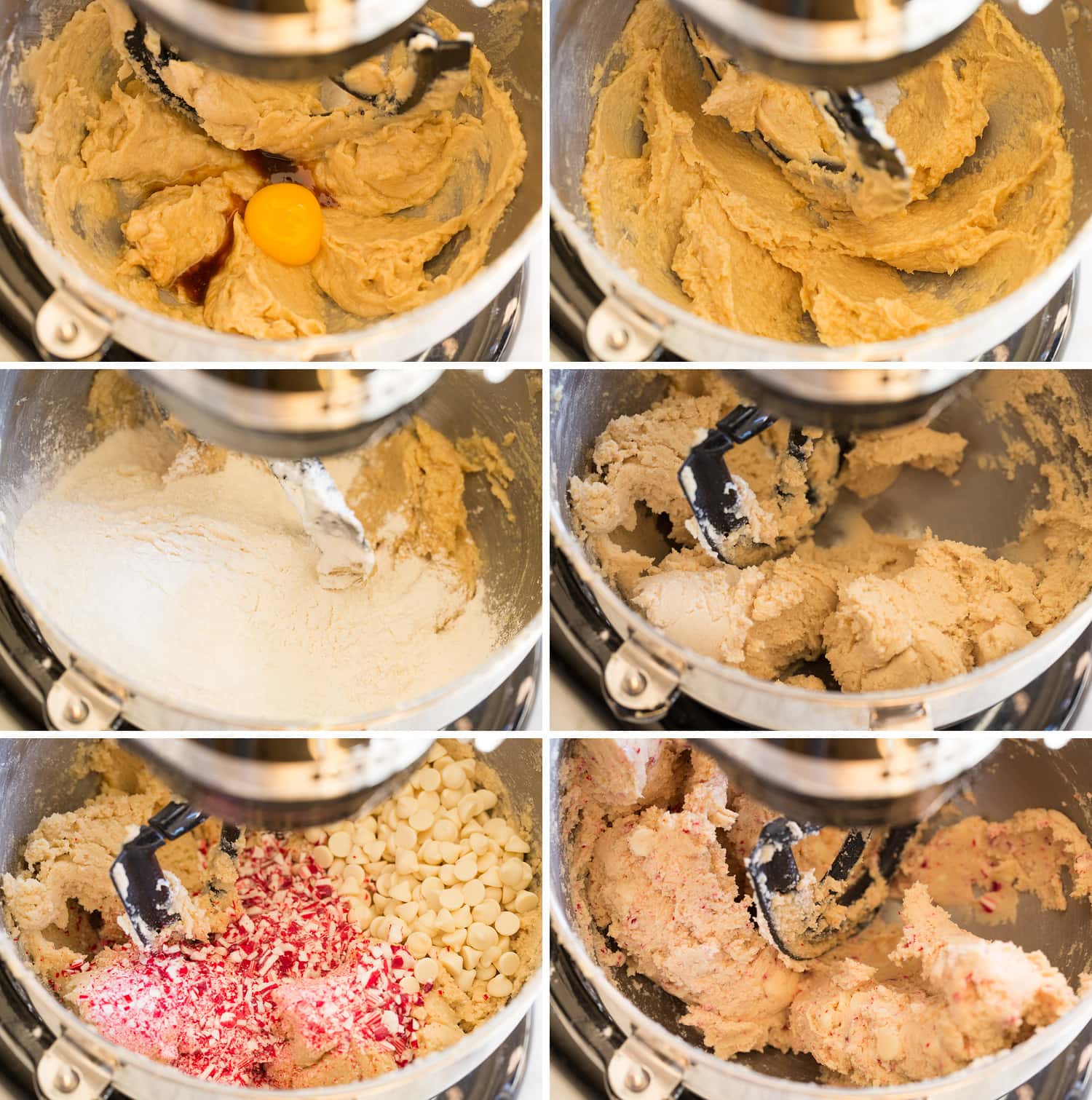 Blending eggs, flour, crushed candy canes and white chocolate chips into cookie dough.