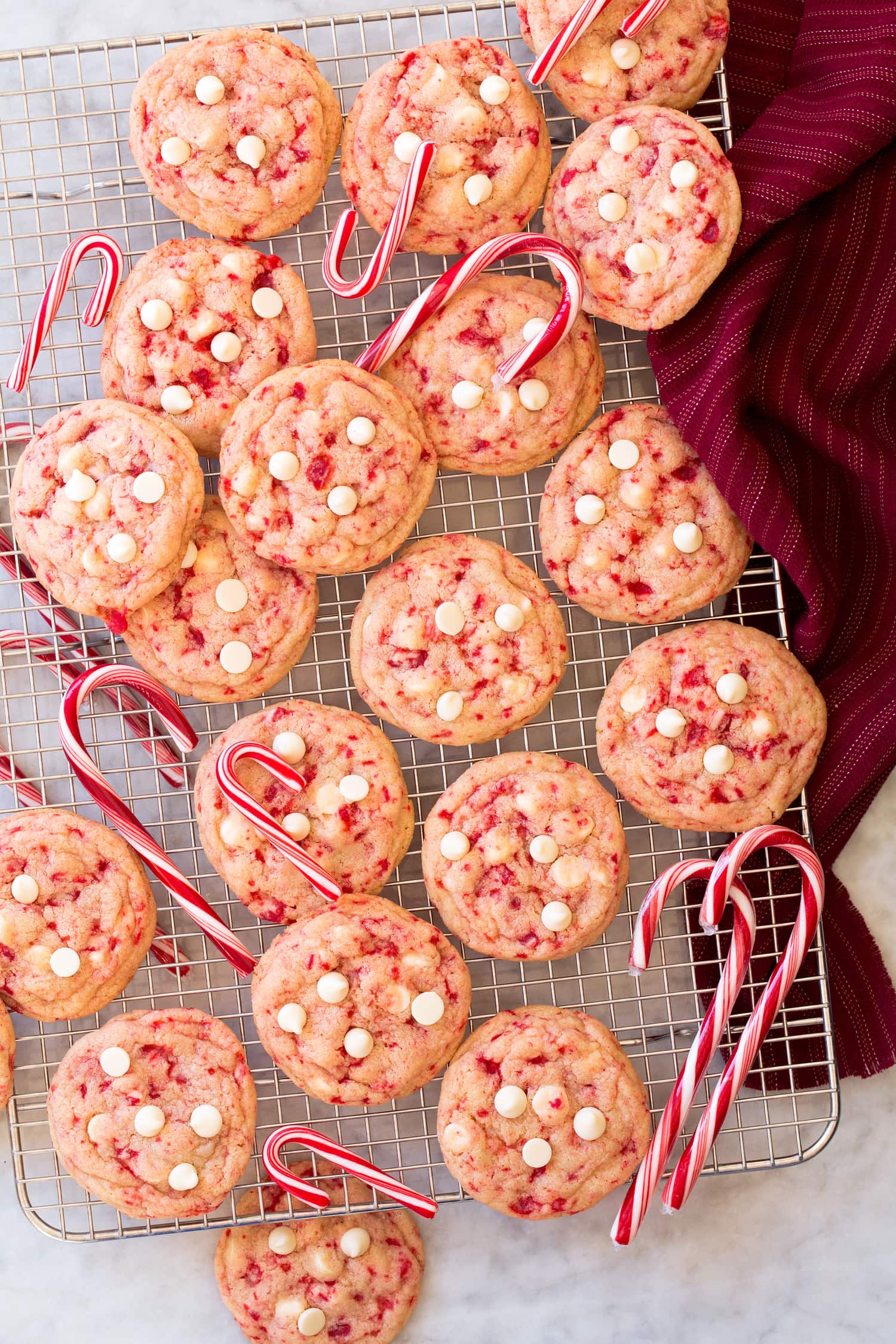 Peppermint cookies cooling on wire rack.