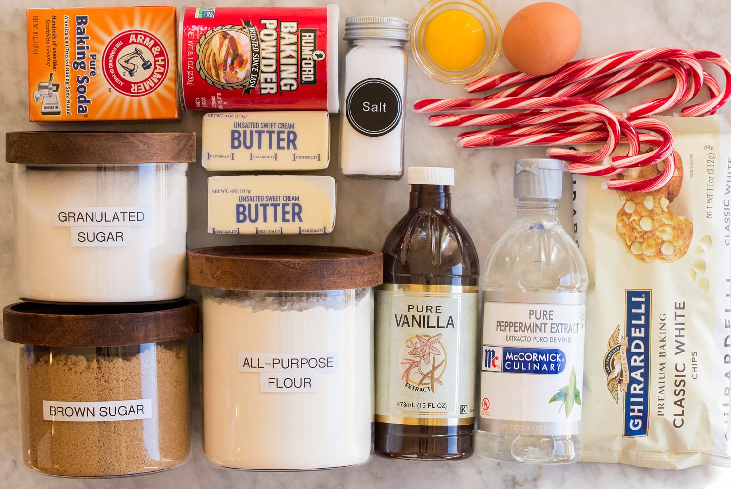 Ingredients needed to make peppermint cookies.