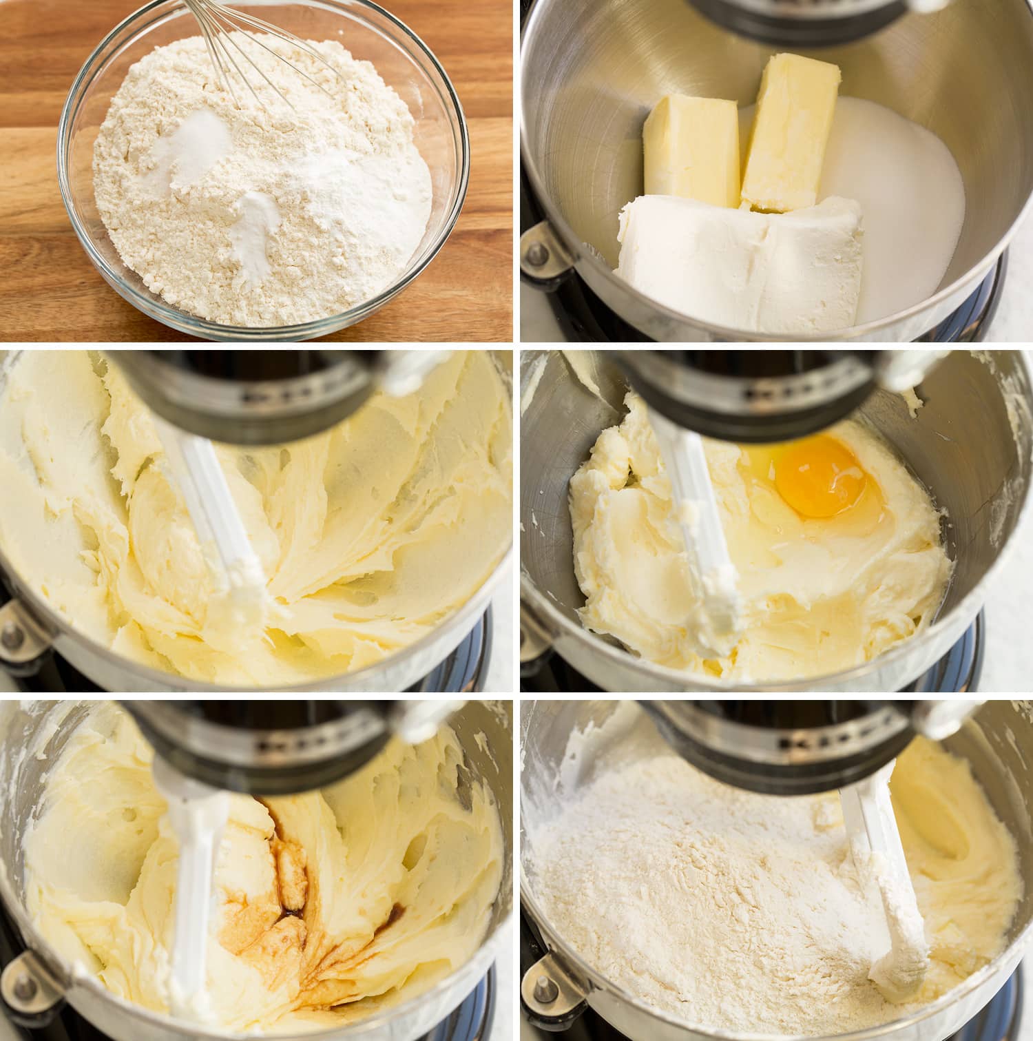 Cinnamon Roll Cookies steps of making dough in stand mixer.