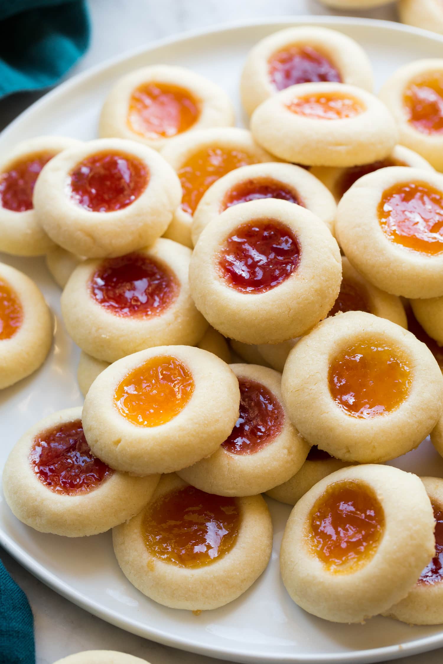 Jam thumbprint cookies shown close up.