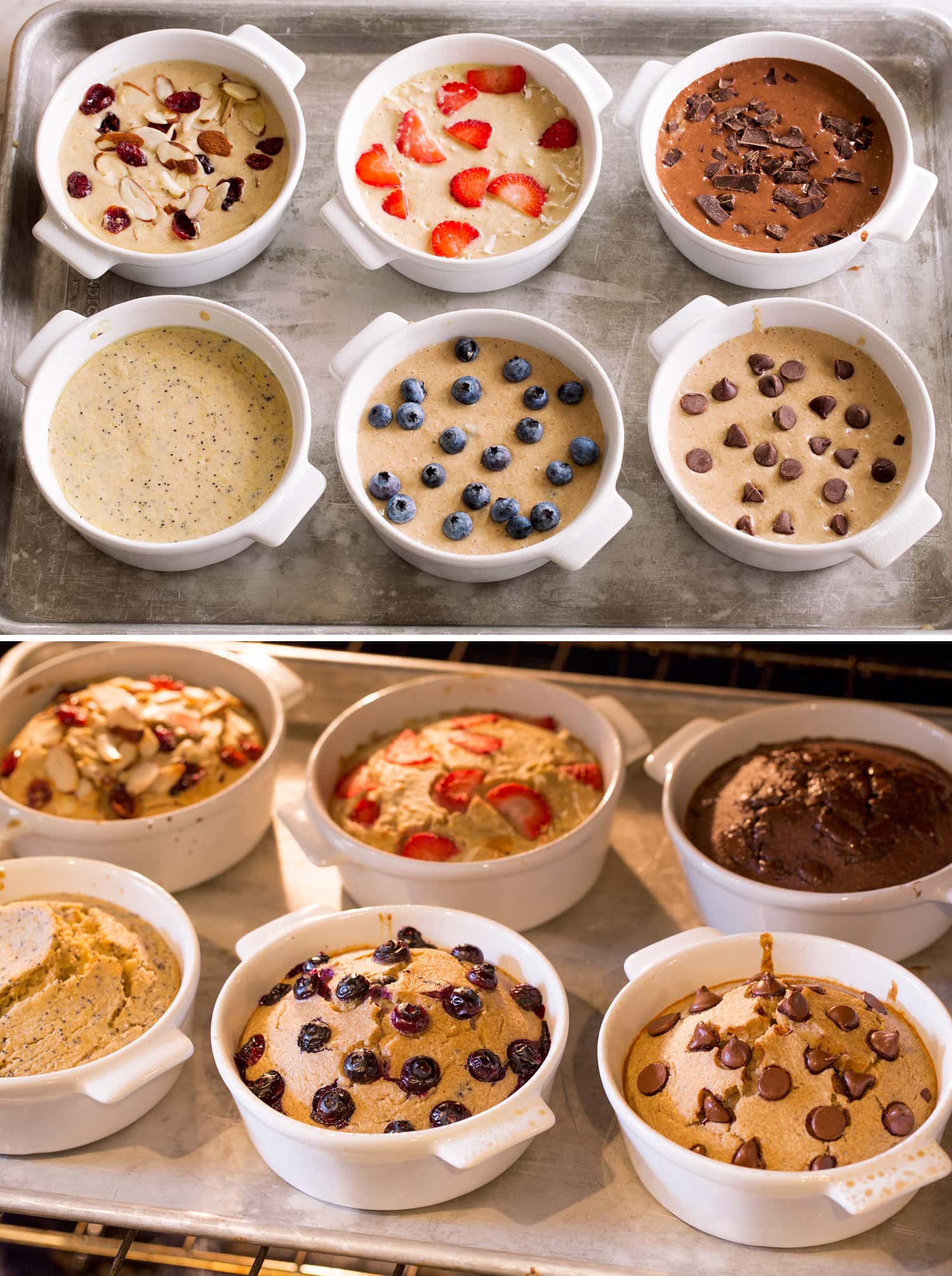 Baked oats shown in ramekins before and after baking.