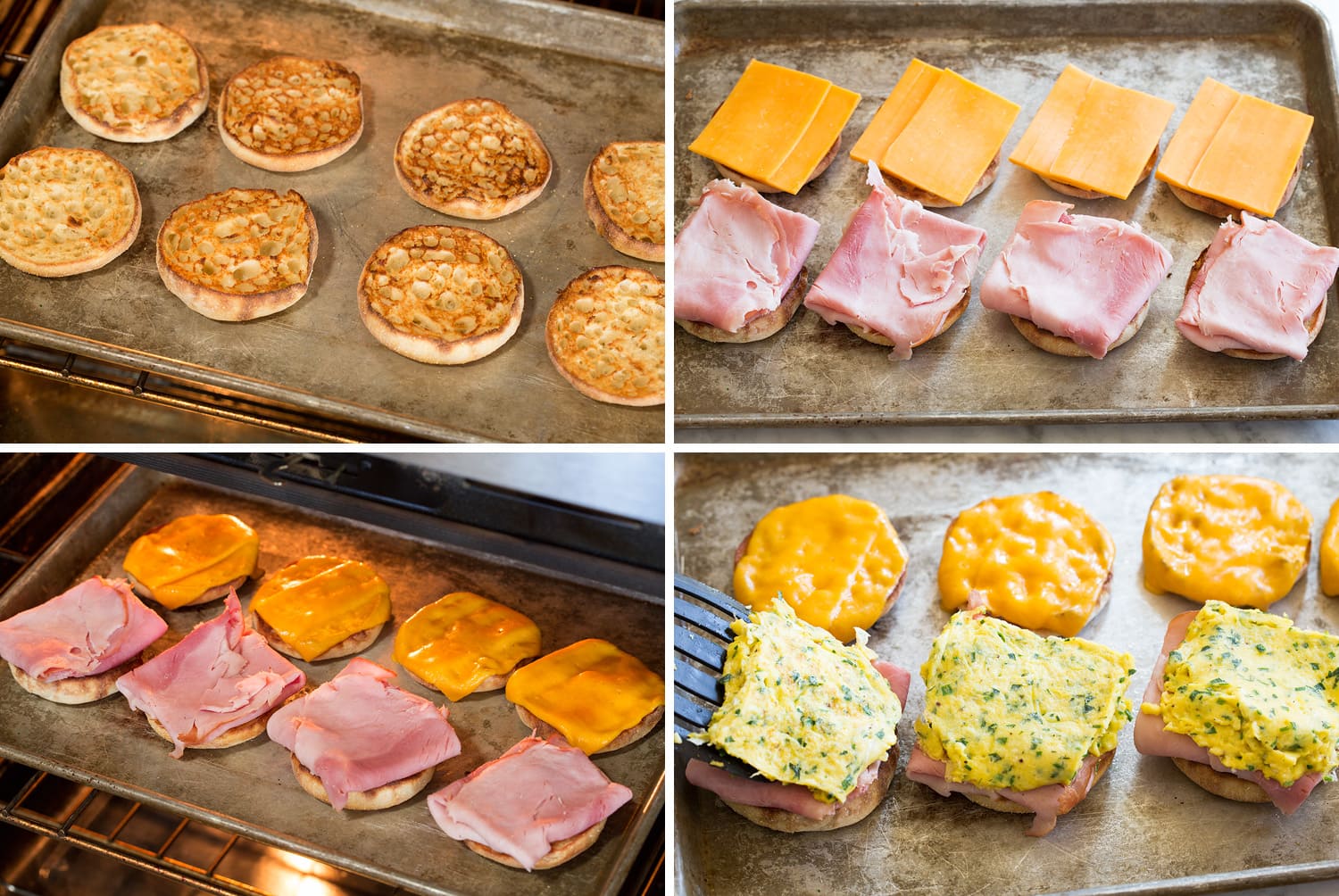 Breakfast sandwiches with english muffins, ham, cheese and eggs.