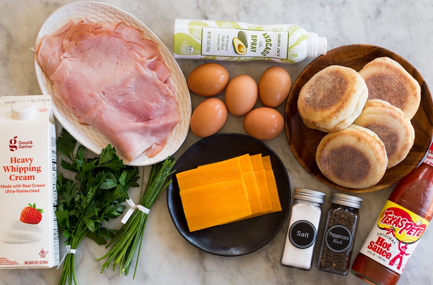 Breakfast sandwich ingredients.