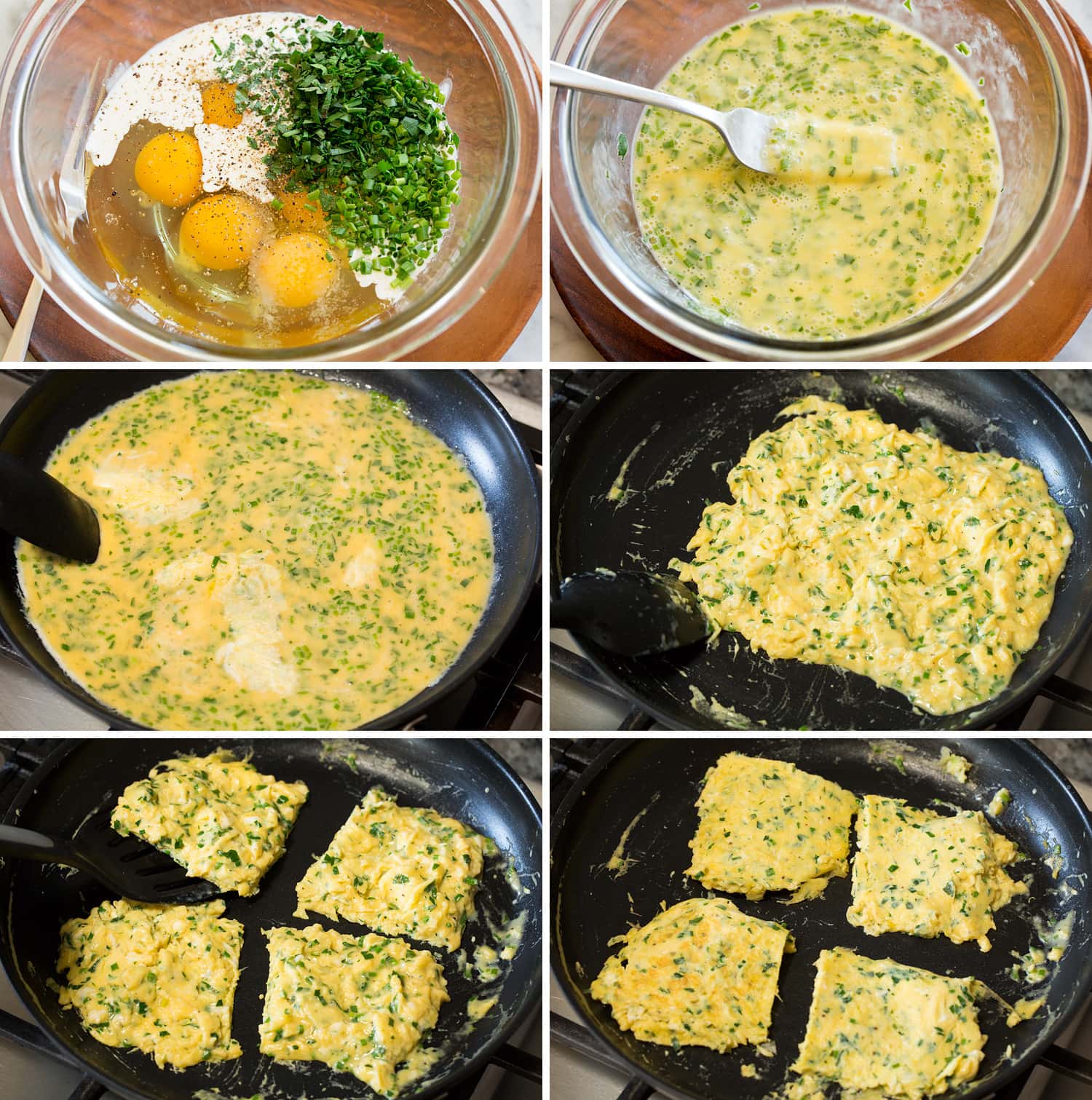 Scrambled eggs in a skillet.