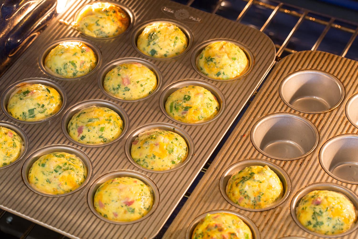 Mini quiches baking in two muffin pans in oven.