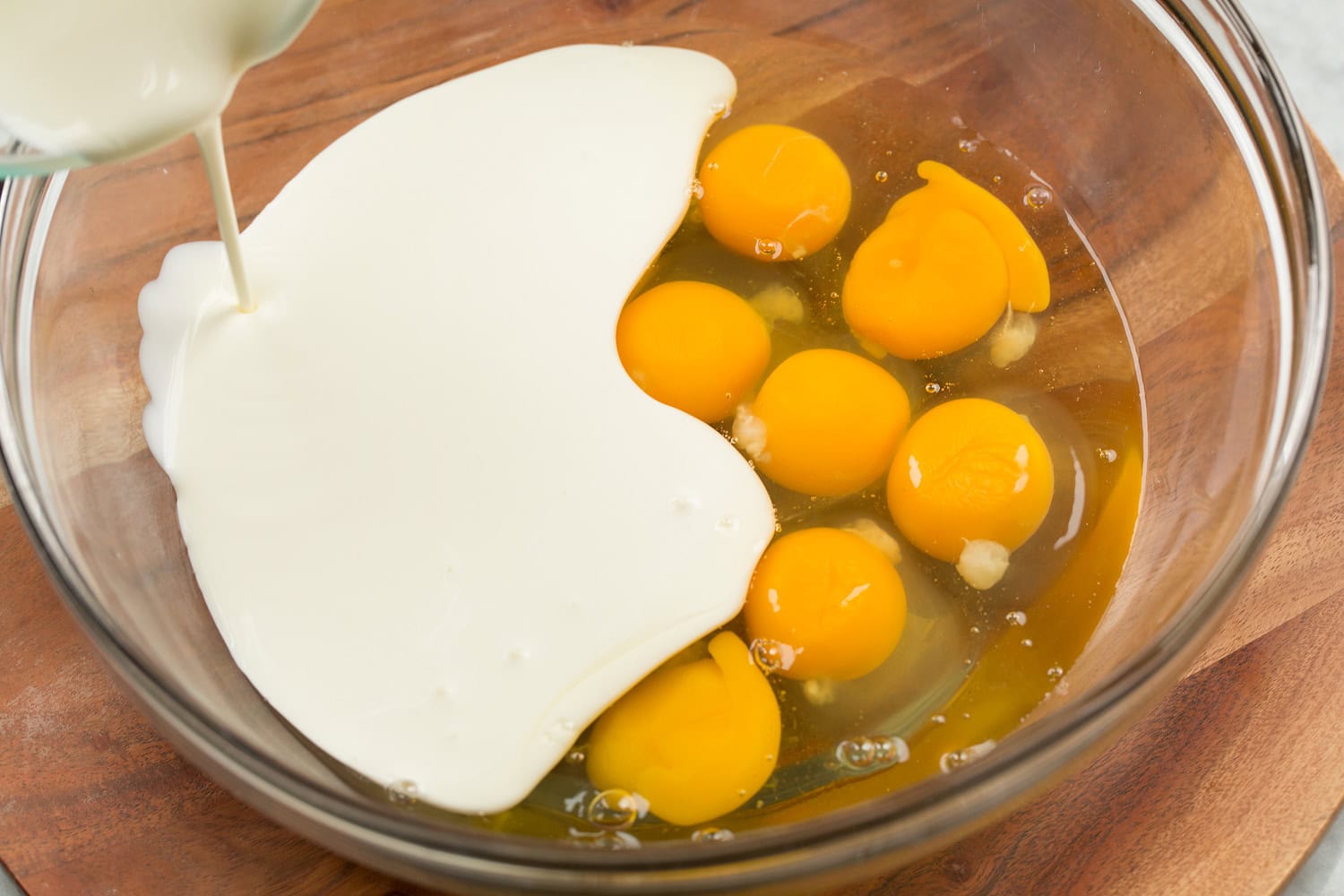Eggs and cream in mixing bowl.