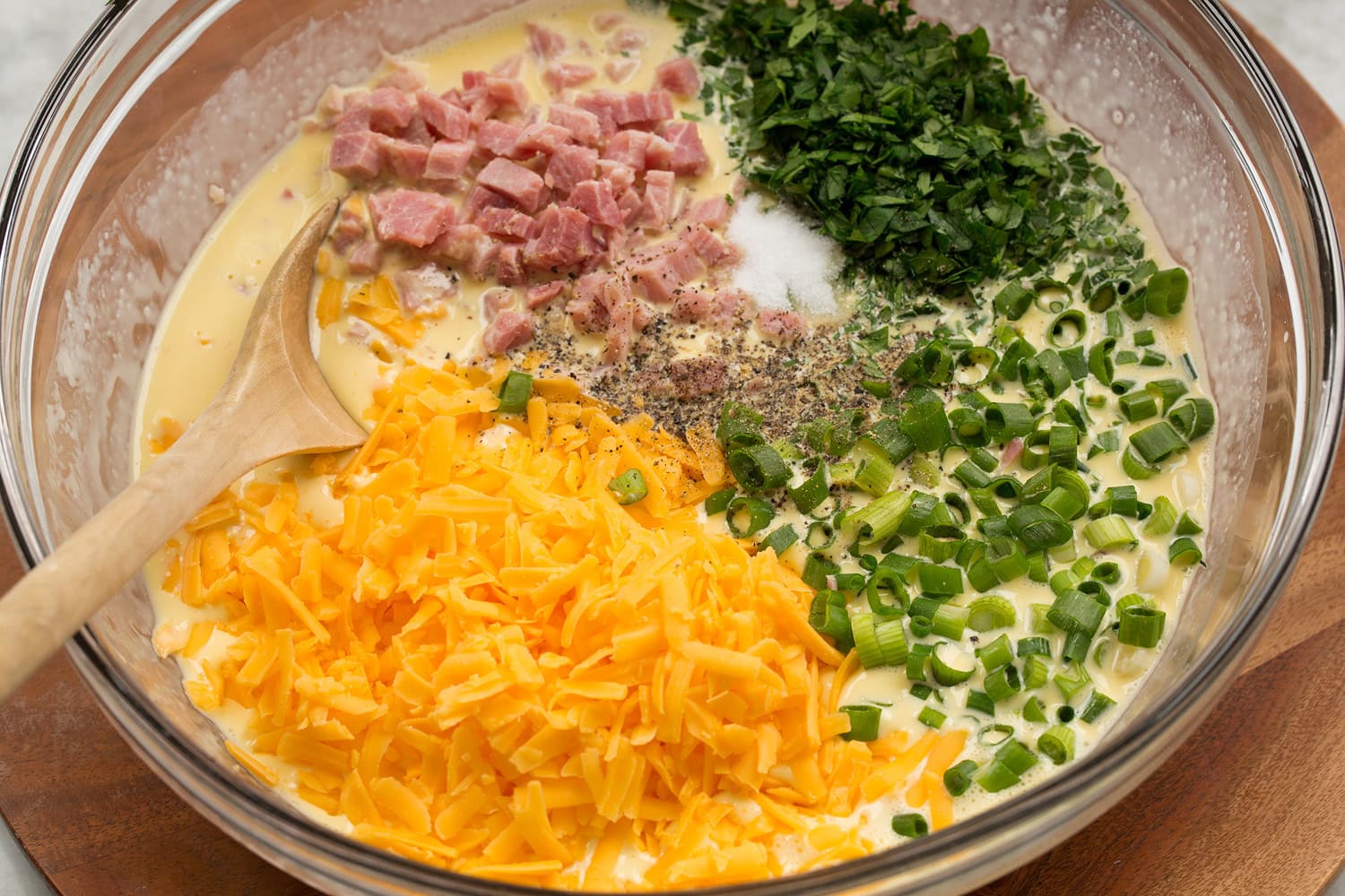 Quiche fillings added to egg mixture.