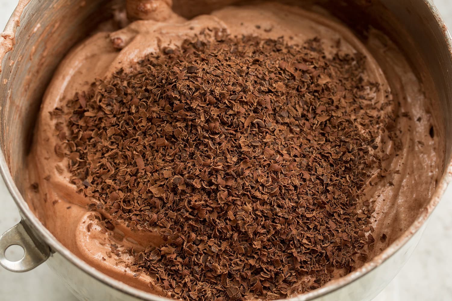 Shaved chocolate added to angel food cake batter.