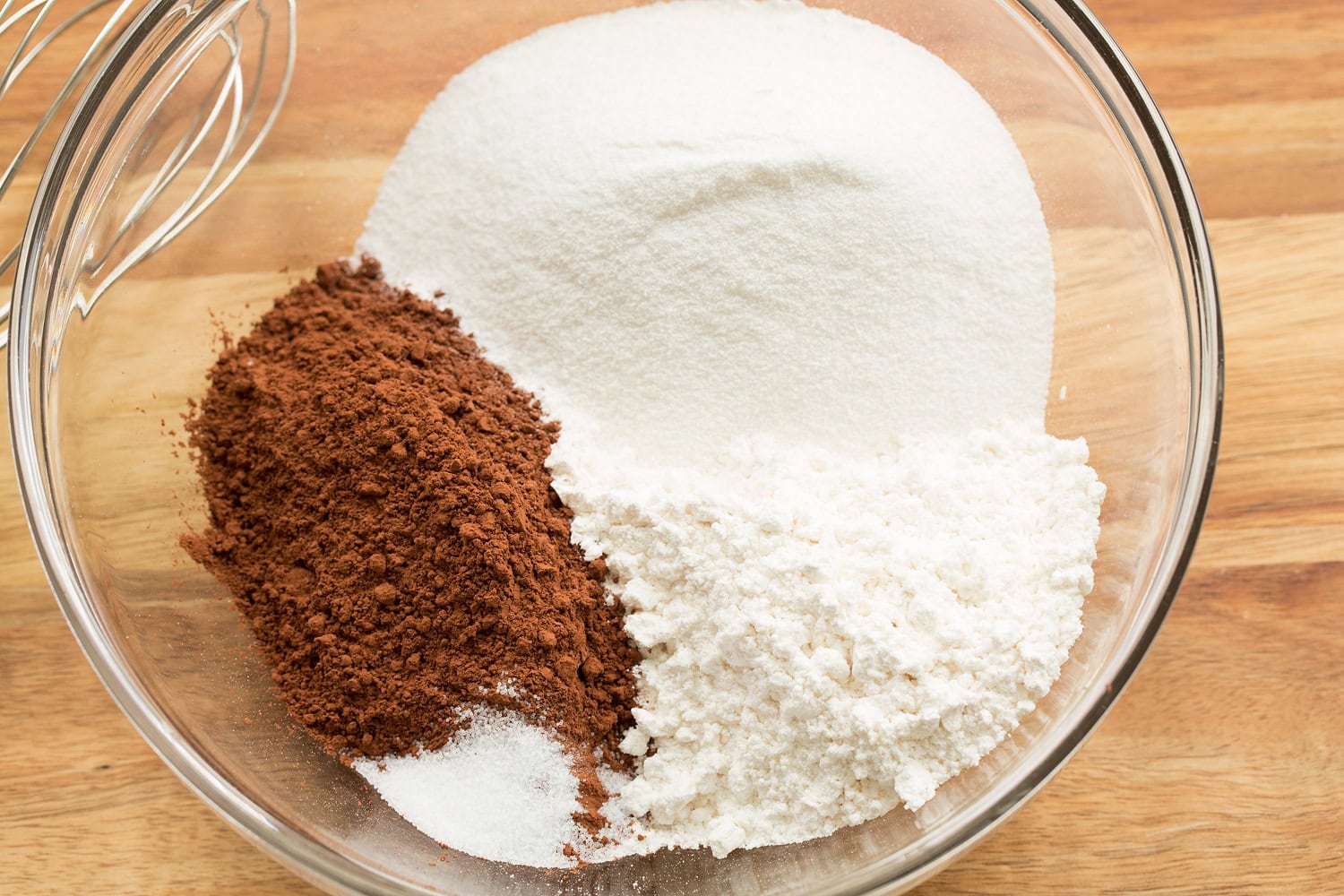 Cocoa, sugar and cake flour in mixing bowl.
