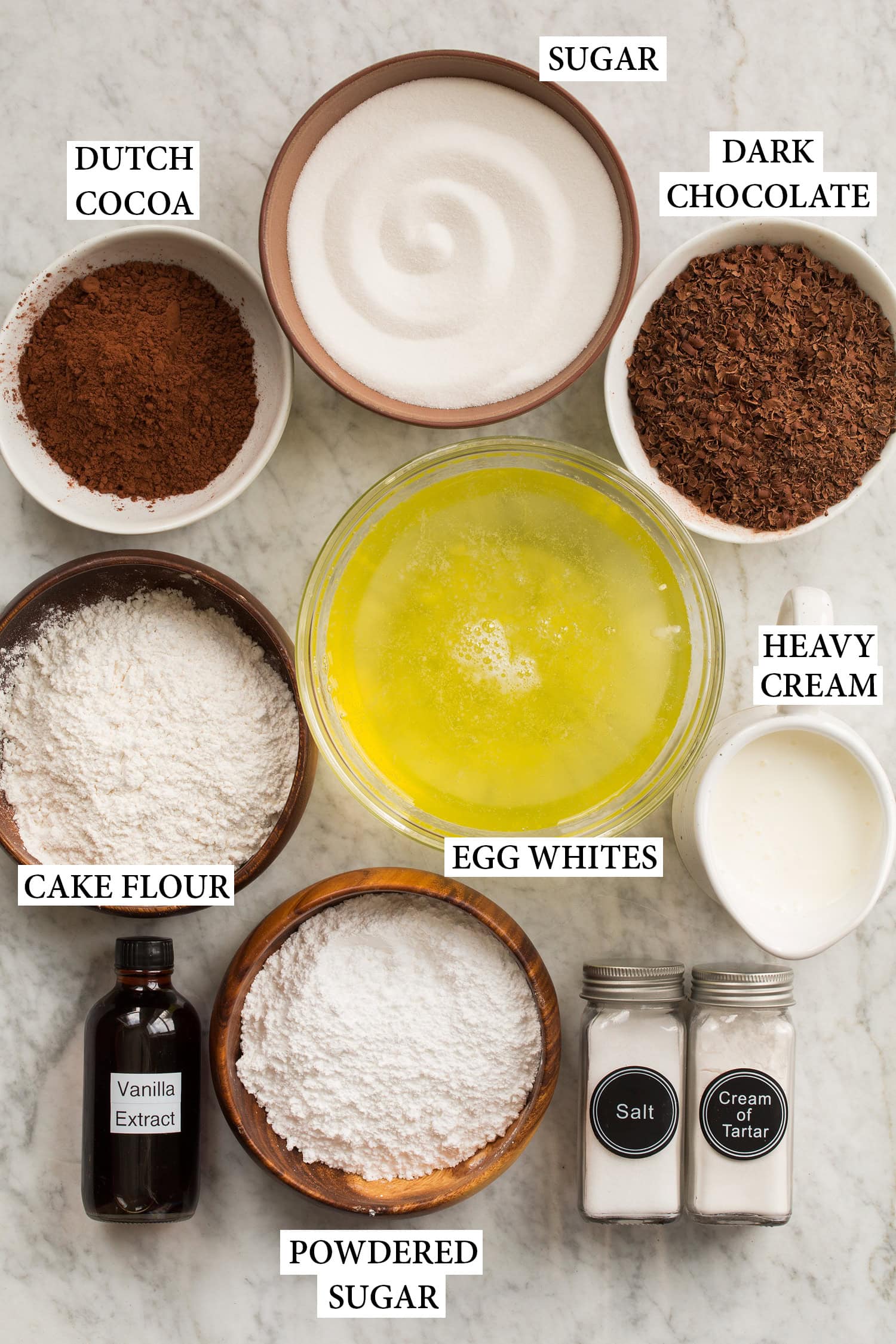 Ingredients used to make chocolate angel food cake.
