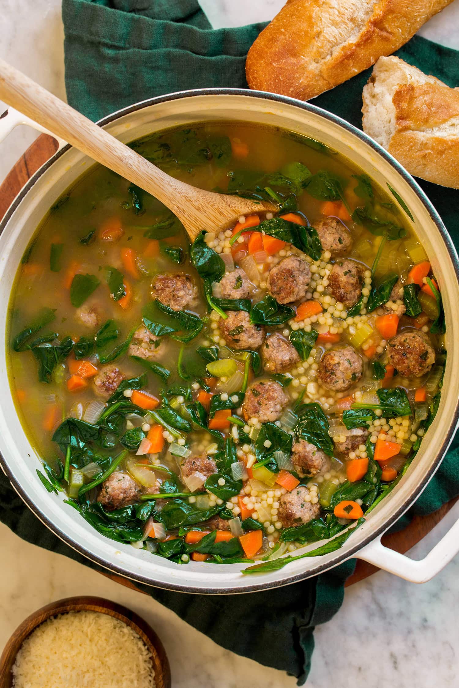 Italian wedding soup in a large pot.