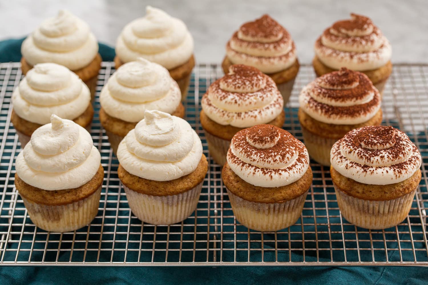 Completed tiramisu cupcakes with espresso cake and mascarpone frosting.