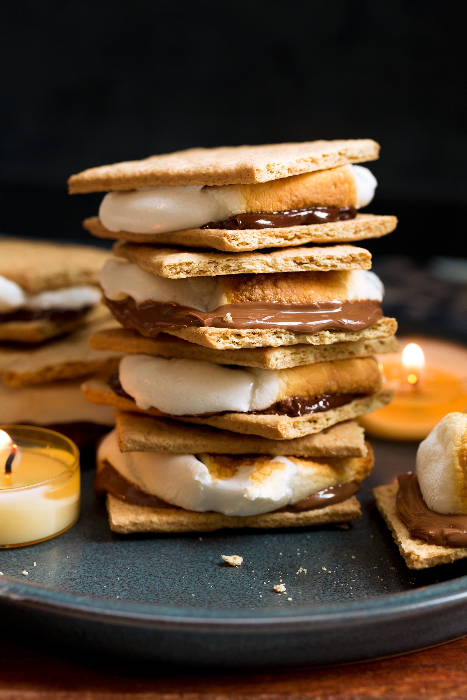 Stack of homemade s'mores that were made in the oven.