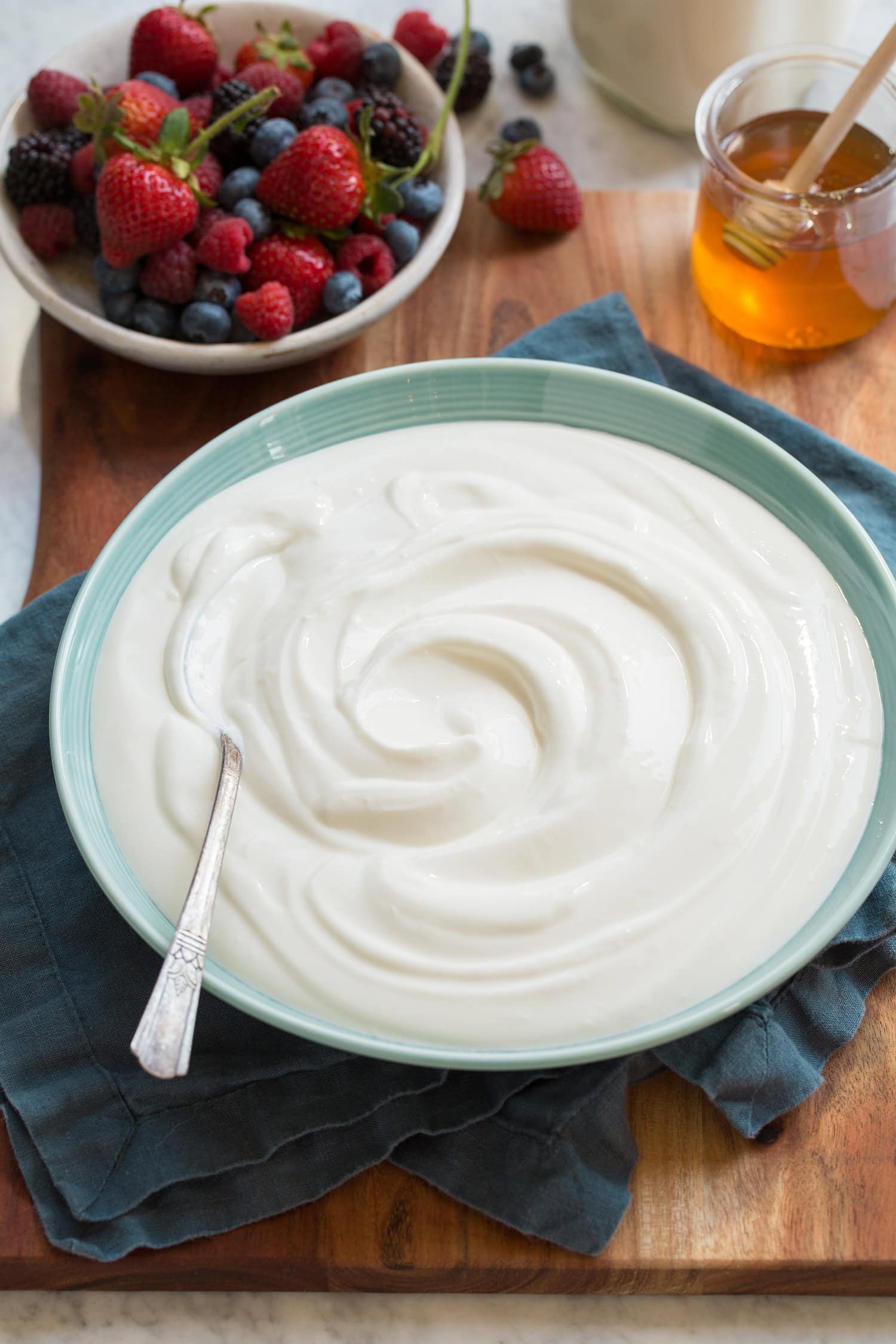 Homemade plain yogurt swirled in a bowl.